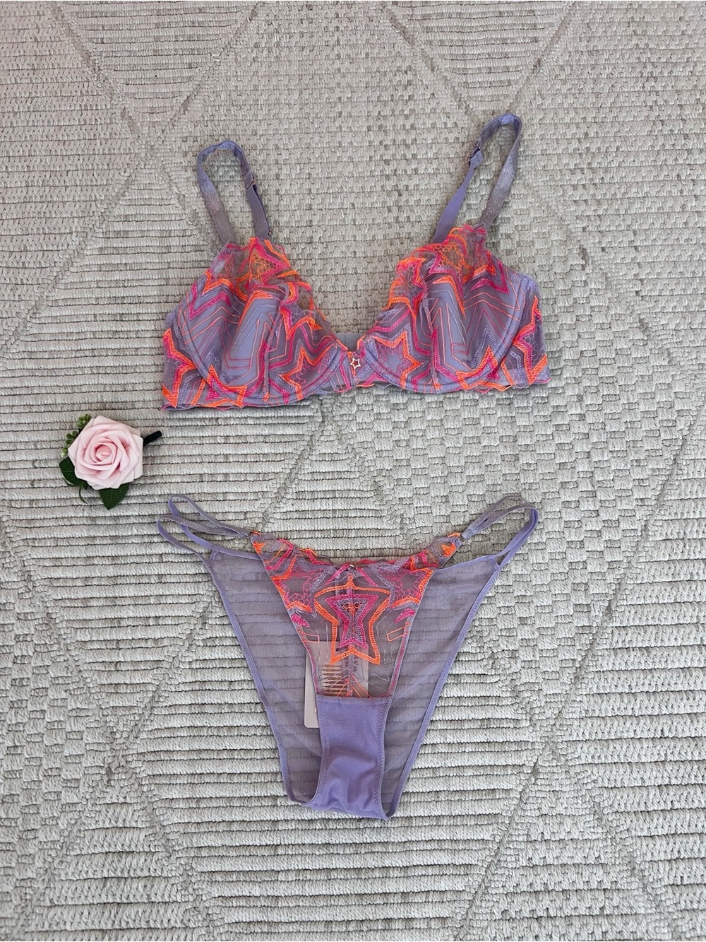 Savage X Fenty Shining Star Embroidered Lavender Neon Orange And Pink lingerie